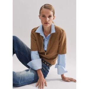 NWT ME+EM Cashmere Zip Neck Pouf Sleeve Tee